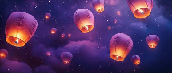 Fototapeta premium A mesmerizing scene of floating lanterns illuminating the night sky, surrounded by soft clouds and a starry backdrop, creating a serene and magical atmosphere perfect for celebrations