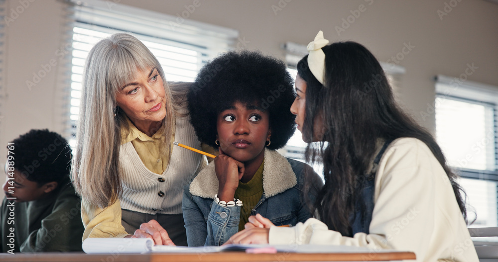Aufkleber Books, teacher and helping students in high school with lesson question, learning solution or assignment assistance. Educator, people and discussion for peer assessment or test knowledge in classroom