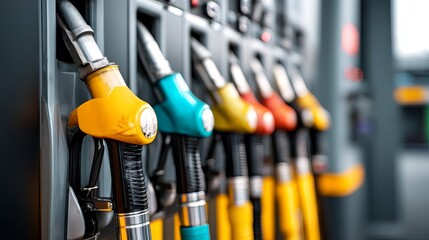 Gas station with colorful petrol and diesel pump nozzles Closeup of fuel gun at dispenser