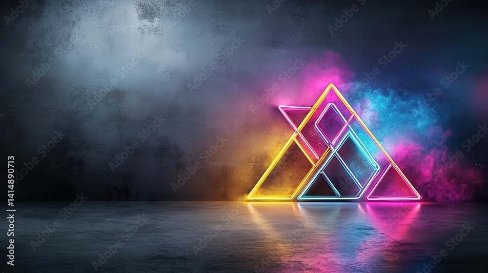 Aufkleber Vibrant neon triangles illuminate dark studio abstract art installation futuristic setting artistic composition