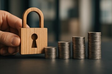 Securing Financial Growth Hand holds a wooden padlock next to stacks of coins demonstrating safe investing and wealth accumulation.