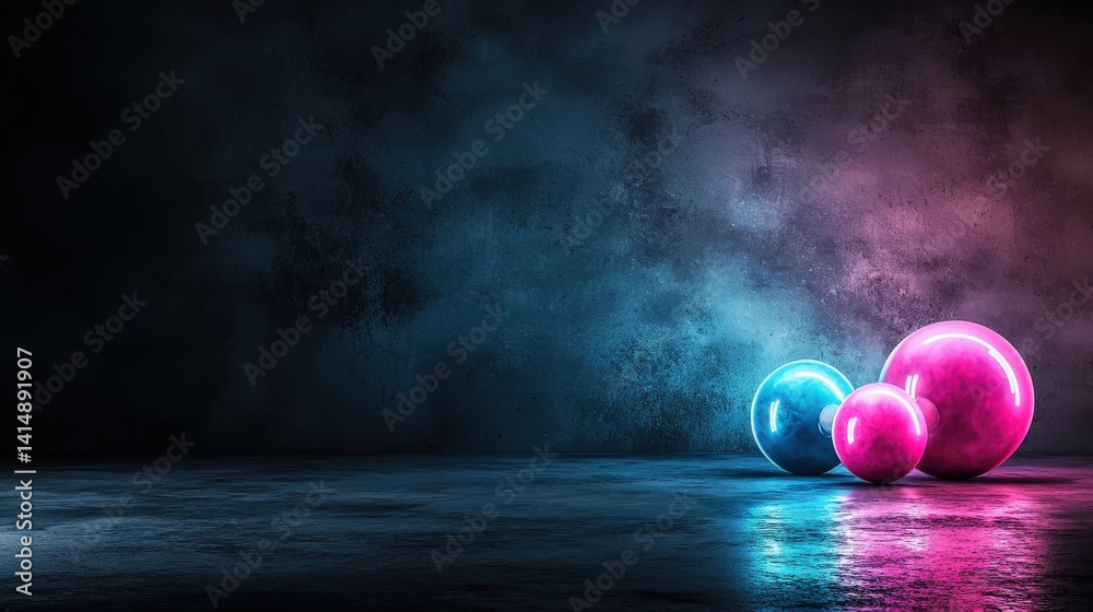 Poster glowing spheres in a dimly lit studio abstract art vibrant colors moody atmosphere close-up view mod