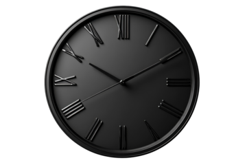 Sleek black clock with Roman numerals minimalist design time concept dark background stylish elegant timepiece precise hands dark on transparent background