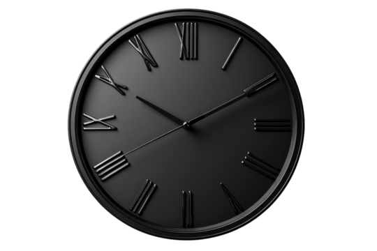 Sleek black clock with Roman numerals minimalist design time concept dark background stylish elegant timepiece precise hands dark on transparent background