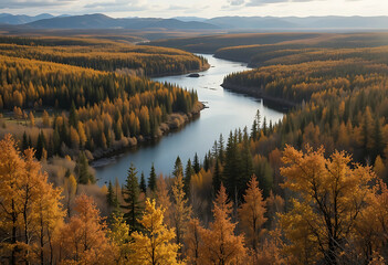 Fototapeta premium Yukon Riverbend – A wide, slow river winds through boreal wilderness, golden leaves shimmering in the breeze as autumn creeps across the vast silence.