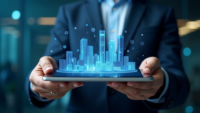 Businessman using digital technology with touchscreen and virtual interface