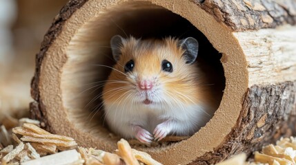 Cute Golden Hamster Peeking from Wooden Log in Cozy Habitat