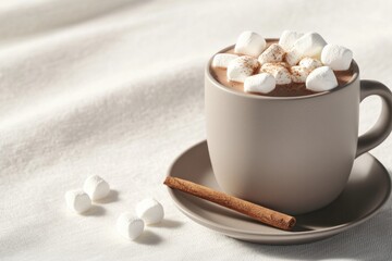 Warm drink topped with fluffy marshmallows, cinnamon stick adds