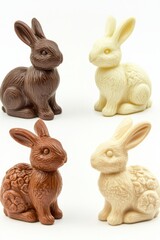 Obraz premium Four Chocolate Easter Bunnies in Dark and White Chocolate on a White Background in a Studio Shot with Soft Lighting