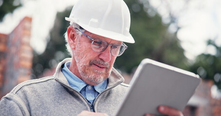 Construction, tablet and mature man in city for inspection, building and maintenance checklist. Civil engineering, architecture and person on digital tech for project, infrastructure and research