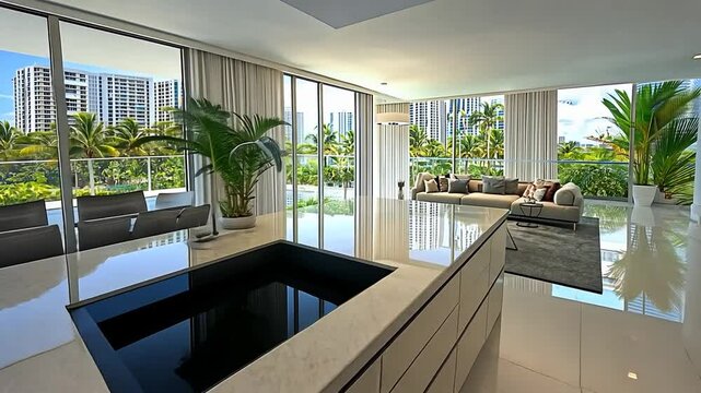 Modern luxury condo with open plan, island, and stunning city views