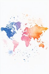 Watercolor world map with vibrant hues and artistic splash effect creating a global representation on white canvas