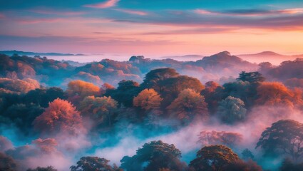 Fototapeta premium Aerial View of Fog Rolling Through Forest at Sunset