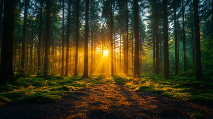 Sunburst Through Woodland Sunlight shines among trees illuminating mossy path Green foliage and earthy tones create a
