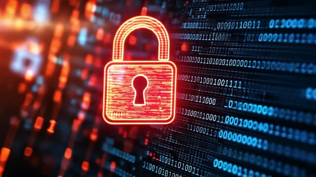 Cybersecurity: Digital Lock and Binary Code. Data Protection, Privacy, and Secure System Concept.  Red glowing padlock on a background of binary code.