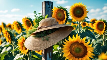 Sunflowers Field with Sun Hat and Wooden Post Under Blue Sky