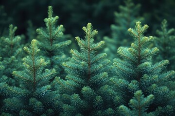 Lush evergreen trees with needle-like leaves in a forest setting during late afternoon light