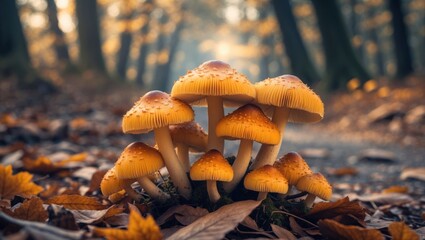 Cluster of Mushrooms Growing in Autumn Forest with Fallen Leaves