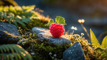 Vibrant Raspberry Resting on Rocks in a Natural Garden Setting