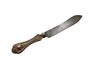 Fototapeta premium Elegant antique butter knife showcasing an ornate silver handle and aged blade against a plain setting emphasizing its vintage charm and detailed craftsmanship
