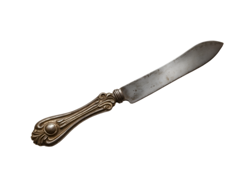 Elegant antique butter knife showcasing an ornate silver handle and aged blade against a plain setting emphasizing its vintage charm and detailed craftsmanship
