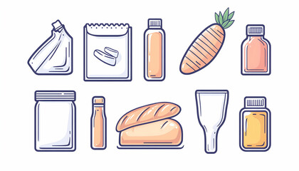 Colorful illustration of various food and drink packaging and fresh produce
