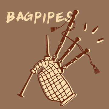 Stylized bagpipes illustration on brown background. Ideal for music education, posters, traditional musical-themed designs