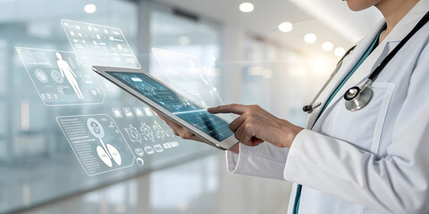Healthcare professional using smart technology modern hospital medical data analysis high-tech environment close-up view innovation