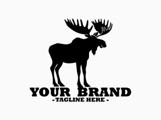 Funny moose vector illustration,  majestic standing moose displaying its impressive branched antlers, line art design on white and funny moose vector logo illustration