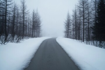 Obraz premium Winding road through snowy landscape, surrounded by tall, bare t
