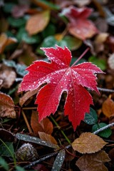 a close up of a red leaf with frost on it