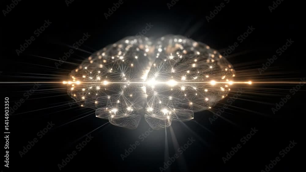 Poster an abstract technology brain design with neural links and glowing points set against a futuristic di