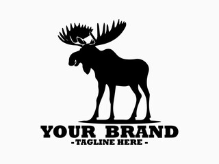 Funny moose vector illustration,  majestic standing moose displaying its impressive branched antlers, line art design on white and funny moose vector logo illustration