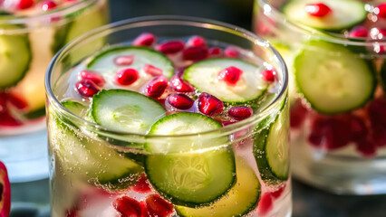 Fresh water with sliced cucumbers and pomegranate seeds, perfect for a healthy snack or salad
