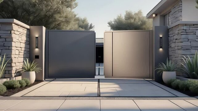 Modern driveway gate with sleek design, stone pillars, and plants leading to a contemporary residential home.


