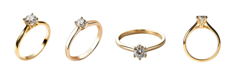 A yellow gold engagement ring with a diamond, gold ring with a diamond isolated on a transparent background