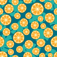 Vector oranges and palm leaves seamless pattern. Tropical fruit exotic summer print. Hand drawn orange circle slices and monstera leaf background. Citrus texture for wrapping, textile, fabric, cover.