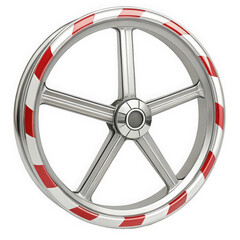 Obraz premium A polished silver alloy wheel with a striking design featuring red racing stripes, showcasing a sporty and dynamic aesthetic perfect for high-performance vehicles.
