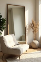 Sunlight streams through a window illuminating a minimalist living space featuring a light beige armchair, a full-length mirror, and dried floral arrangement.