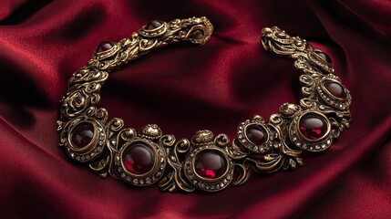 Obraz premium Designer jewelry set forming a semi-circle composition on deep red satin