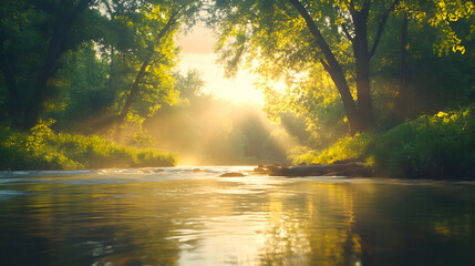 Obraz premium Sunlit river flowing through lush green forest at sunrise