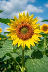 there is a large sunflower in a field with many green leaves