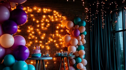 Obraz premium Birthday Party Decorations: Balloons, Cake, and Fairy Lights