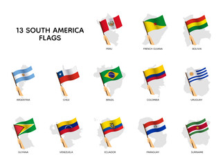 Set of South American flags holding by hand