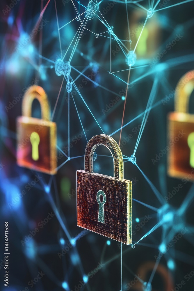 Poster digital security concept featuring padlocks connected by network lines in a modern abstract design