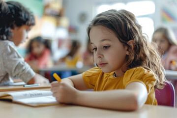 Concentration and attention on the face of a schoolgirl, diligently writing in a notebook during a lesson. 