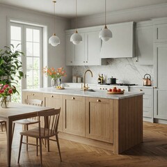 Japandi Kitchen interior with oak cabinets in natural light