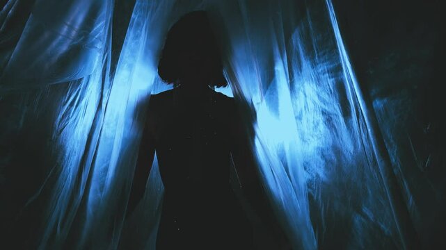 dark silhouette fantasy woman ghost goes through curtains, blue moon light night room. Gothic vampire evil Girl fashion model sexy black dress. film fly wind motion storm rain lightning horror shoot