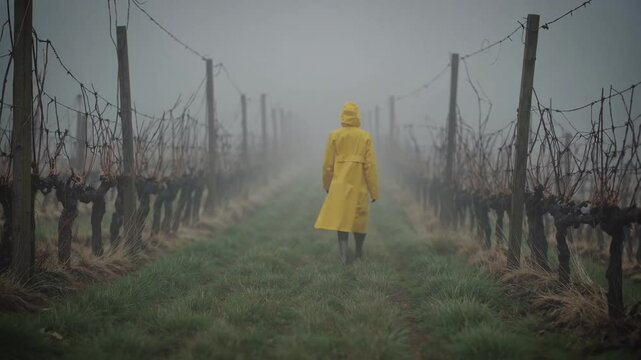 Person in yellow raincoat walking alone through foggy vineyard rows, surrounded by mist and barren vines, creating a surreal, introspective atmosphere of solitude and transition.