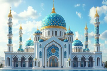 Obraz premium Impressive Islamic architecture features intricate blue domes under a clear sky in a vibrant city
